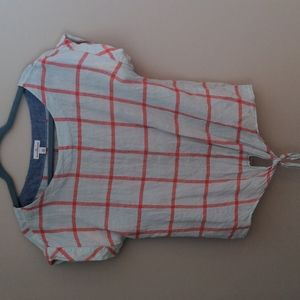 LL Bean plaid linen tie front blouse